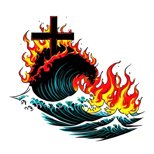 Waves And Flames With A Cross Surrounded