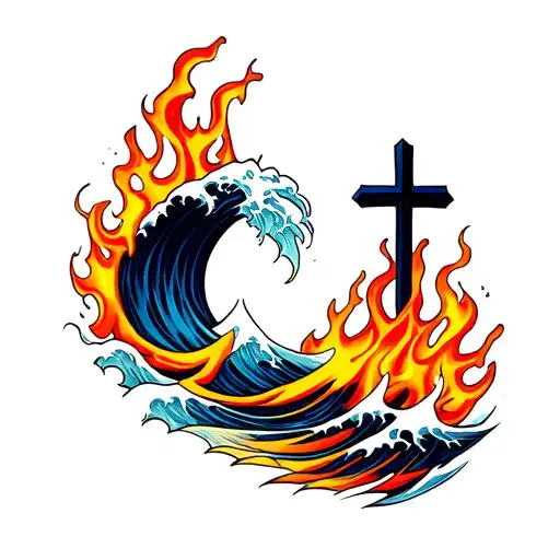 Waves And Flames With A Cross Intertwined
