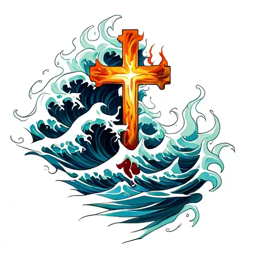 Waves And Flames With A Cross Intertwined