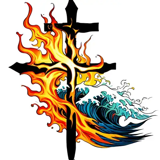 Waves And Flames With A Cross Intertwined
