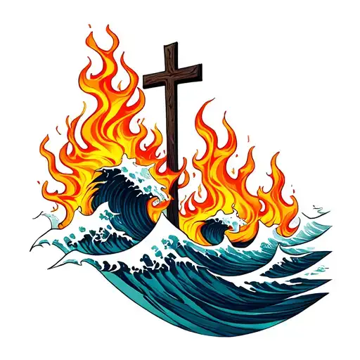 Waves And Flames With A Cross Intertwined