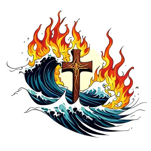 Waves And Flames With A Cross Intertwined