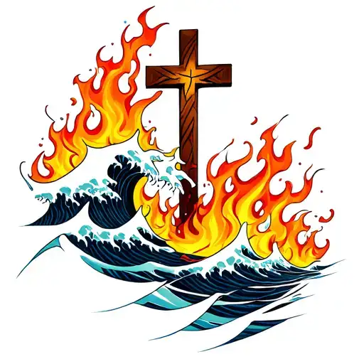 Waves And Flames With A Cross Intertwined