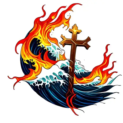 Waves And Flames With A Cross Intertwined