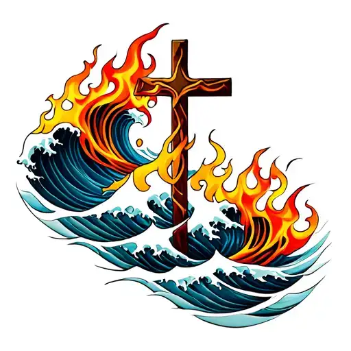 Waves And Flames With A Cross Intertwined