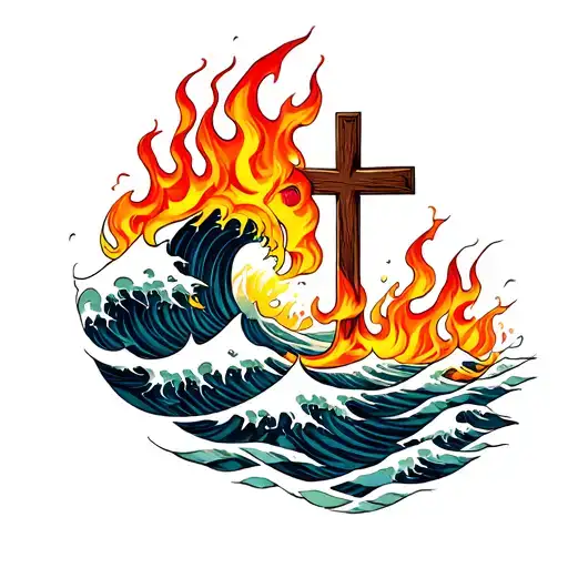 Waves And Flames With A Cross Intertwined