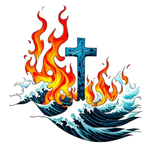 Waves And Flames With A Cross Intertwined