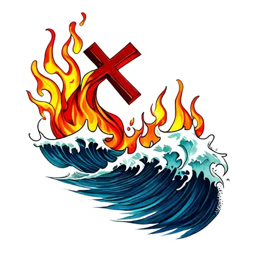 Waves And Flames With A Cross Intertwined