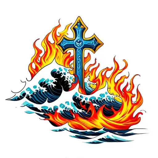 Waves And Flames With A Cross Intertwined