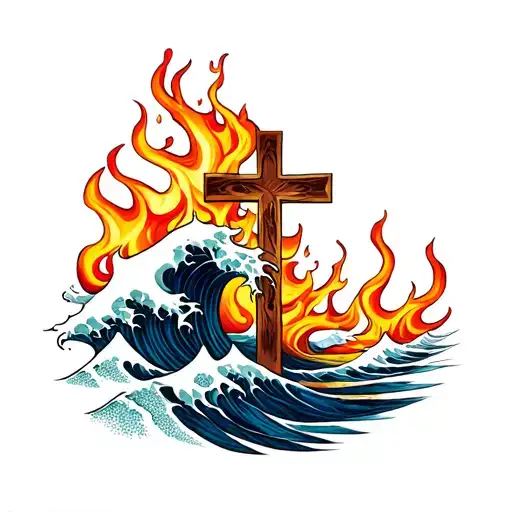 Waves And Flames With A Cross Intertwined