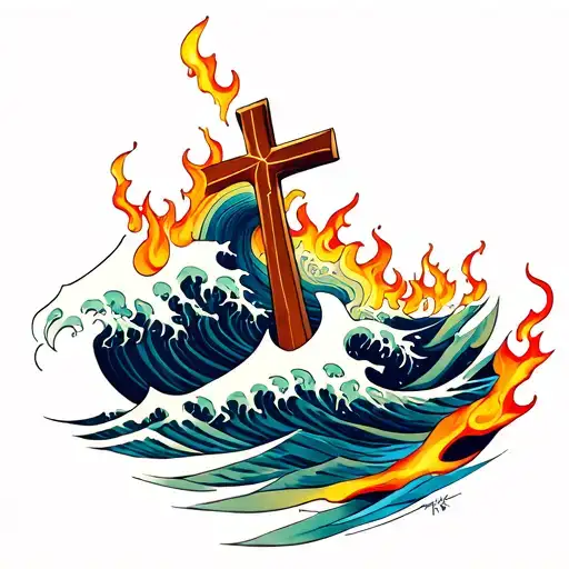Waves And Flames With A Cross Intertwined