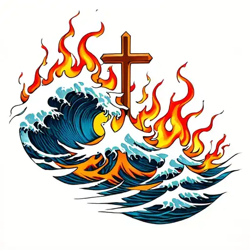 Waves And Flames With A Cross Intertwined