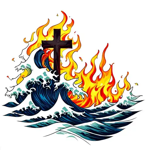 Waves And Flames With A Cross Intertwined