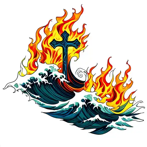 Waves And Flames With A Cross Intertwined