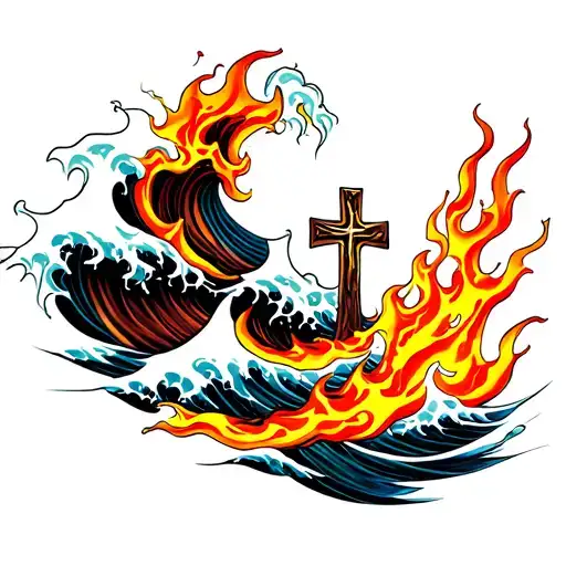 Waves And Flames With A Cross Intertwined