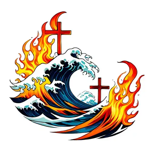 Waves And Flames With A Cross Intertwined