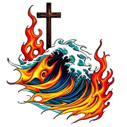 Waves And Flames With A Cross Intertwined