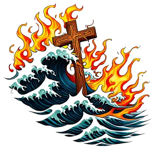 Waves And Flames With A Cross Intertwined