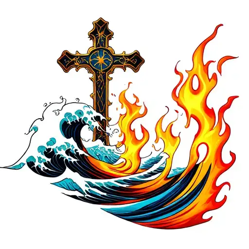 Waves And Flames With A Cross Intertwined