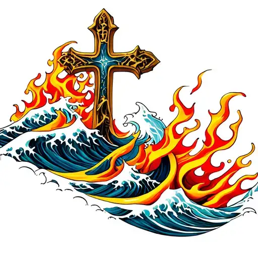 Waves And Flames With A Cross Intertwined