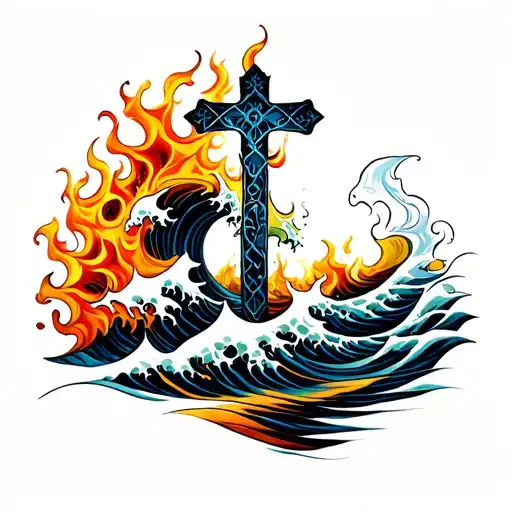 Waves And Flames With A Cross Intertwined