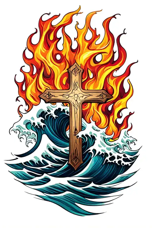 Waves And Flames With A Cross Intertwined