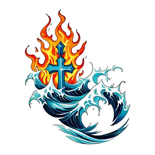 Waves And Flames With A Cross Intertwined