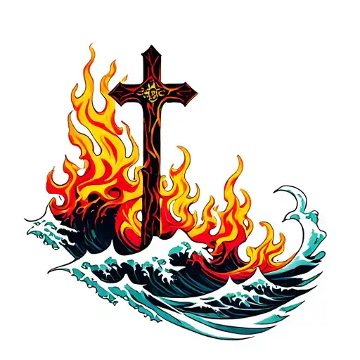 Waves And Flames With A Cross Surrounded