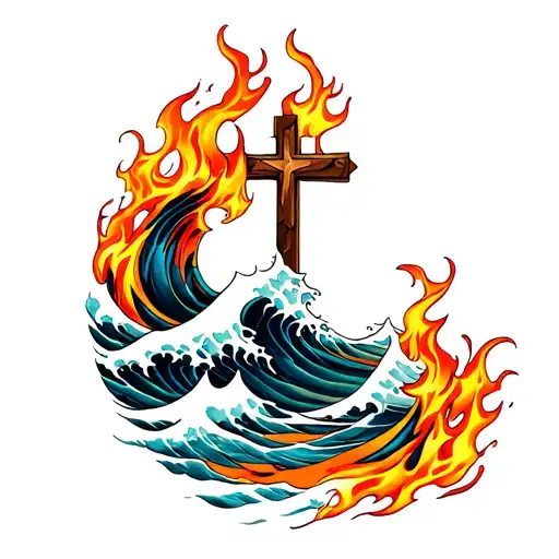 Waves And Flames With A Cross Surrounded