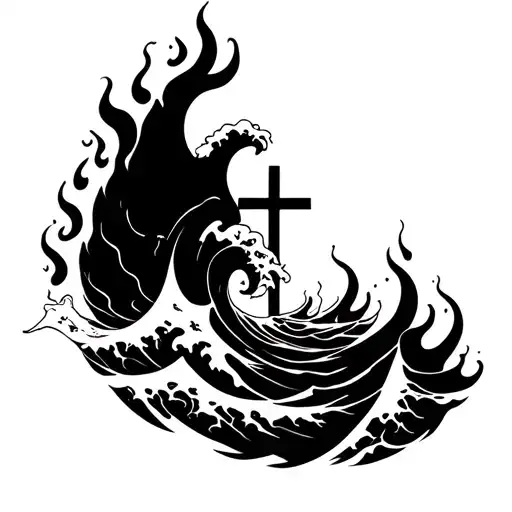 Waves And Flames With A Cross Surrounded