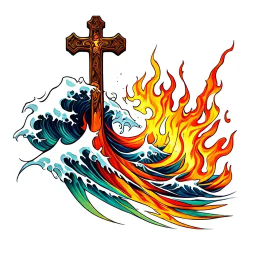 Waves And Flames With A Cross Intertwined