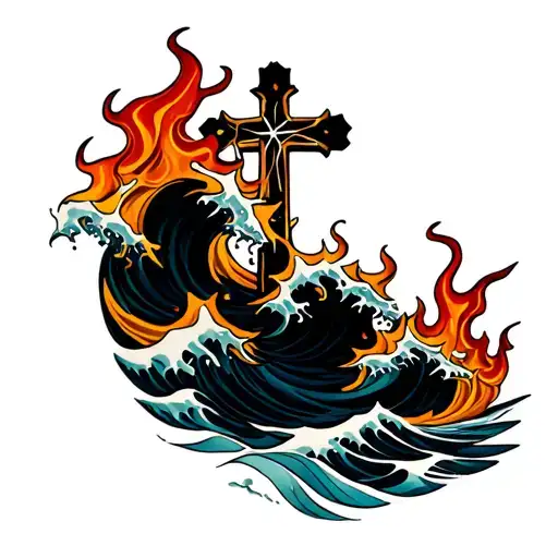 Waves Under Flames With A Cross Intertwined