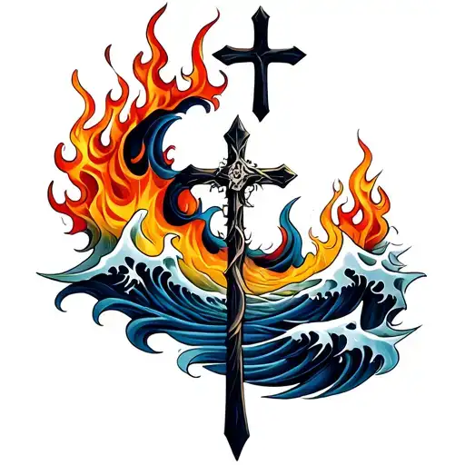 Waves Under Flames With A Cross Intertwined