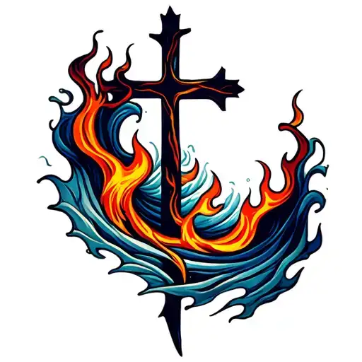 Waves Under Flames With A Cross Intertwined