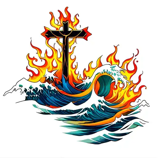 Waves And Flames With A Cross