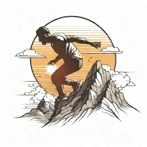 A Man Struggling To Climb Up Mountain With A Sunset In The Background