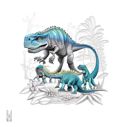 Dinosaur Family In A Jungle And Blue Raptor