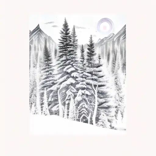 Forest Clearing With Mountains And Nothern Lights In The Background