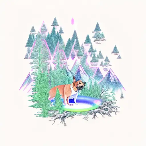 Forest Clearing With A Dog Sitting In It With Mountains And Nothern Lights In The Background