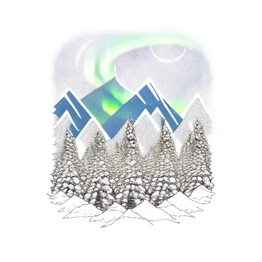 Forest Clearing With Mountains And Nothern Lights In The Background