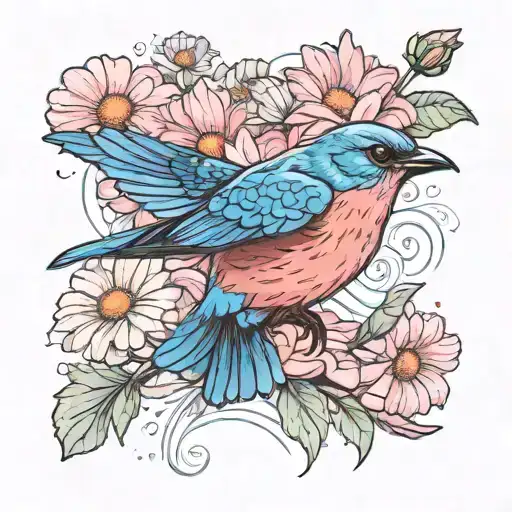 Bluebird Flying With A Pink Daisy In Its Beak Open