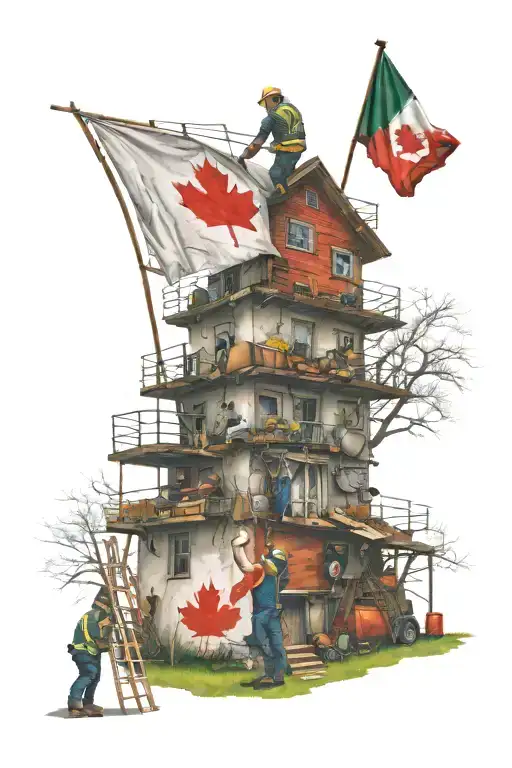 A Canadian Flag With A Contractor And A Renovator Working On A House That Is Italian Themed