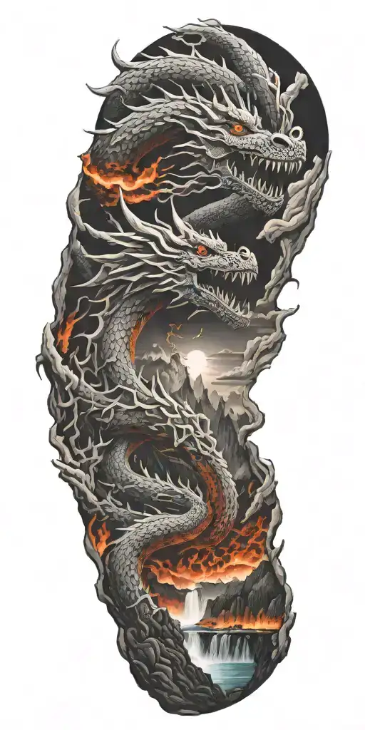 Dragon With Magma And Vulcano Mountain Storm