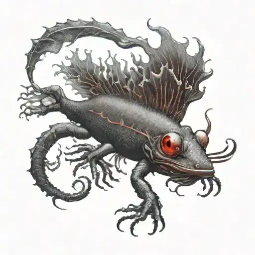 Black Axolotl Has Red Light One Side View