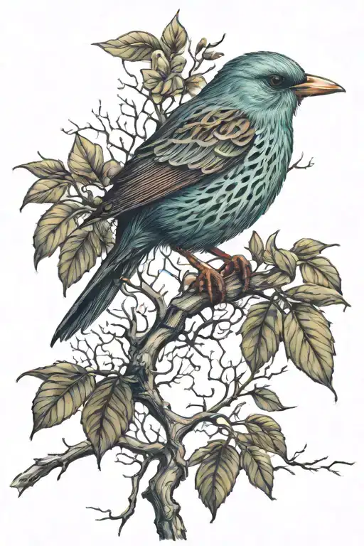 Small Curious Bird Perched On Thin Branches That Turn Into Veins