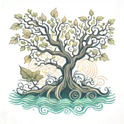 Tree Of Life With Intricate Roots Shaped Like Lotus Flower With Waves Act Of Let Go