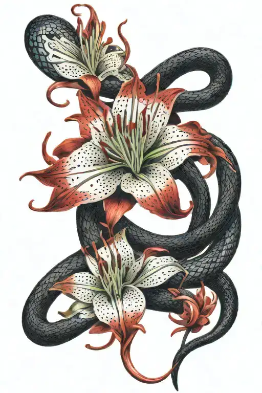 Red Spider Lilly Flower With Black Snake Intertwined