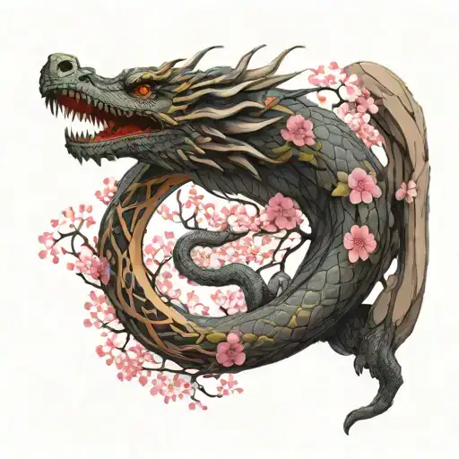 Ouroboros Dragon With Cherry Blossom Tree