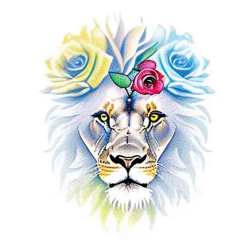 A Colored Tattoo Of A Lion With Roses And Other Flowers