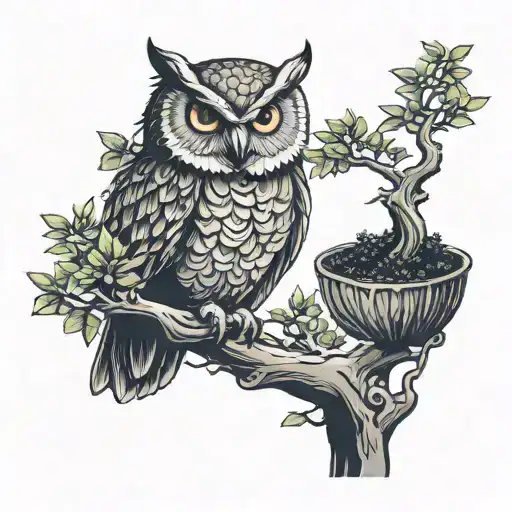 Owl Sitting On Bonsai Tree Minimalistic